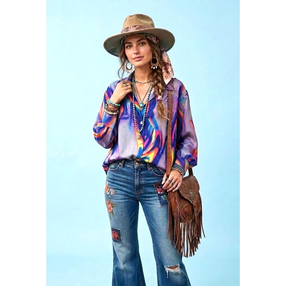 Wild Psychedelic Print Button Down Blouse Purple & Multi Color Long Sleeve XL